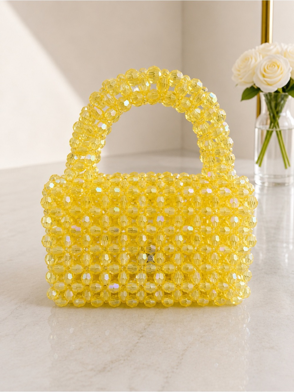 Yellow Beaded Mini Tote Bag